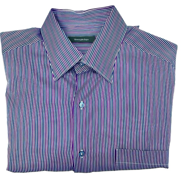 ERMENEGILDO ZEGNA NAVY, BURGUNDY & WHITE STRIPES COTTON DRESS SHIRT - Picture 1 of 12